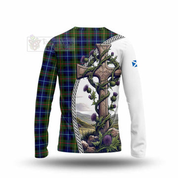 Smith Tartan Long Sleeve T-Shirt with Family Crest and St. Andrew's Cross Accented by Thistle Vines - Tartan Vibes Clothing