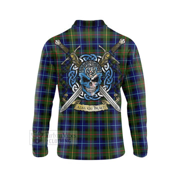 Smith Tartan Long Sleeve Polo Shirt with Family Crest Celtic Skull Style - Tartan Vibes Clothing