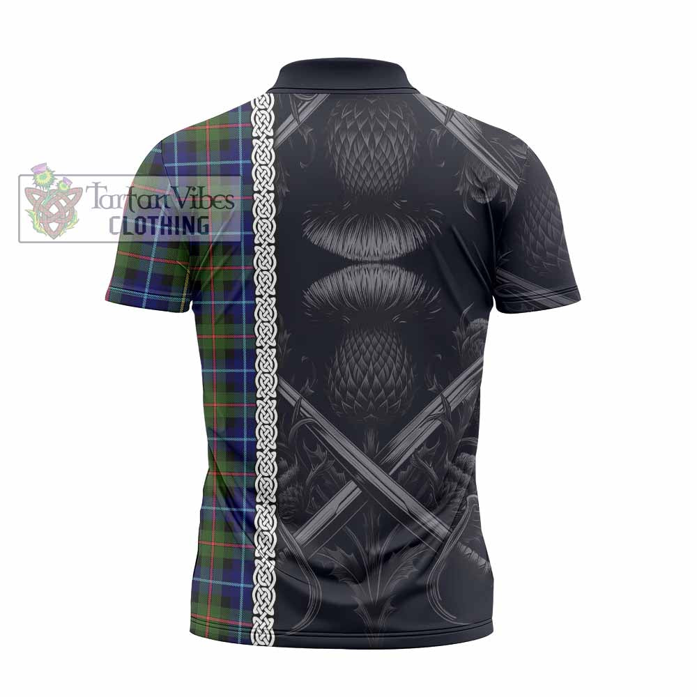 Smith Tartan Zipper Polo Shirt with Family Crest Cross Sword Thistle Celtic Vibes - Tartan Vibes Clothing