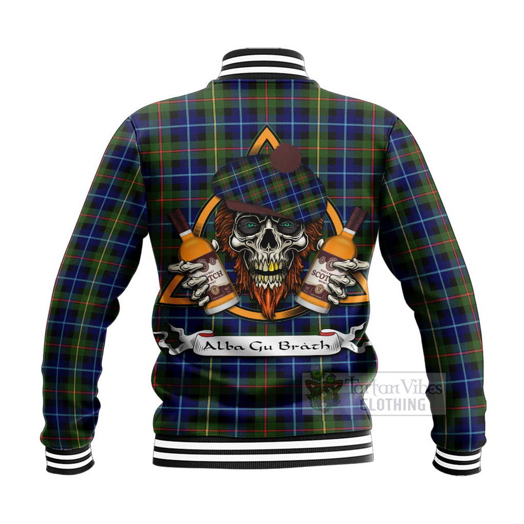 Smith Tartan Baseball Jacket with Family Crest and Bearded Skull Holding Bottles of Whiskey - Tartan Vibes Clothing
