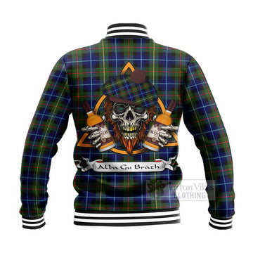 Smith Tartan Baseball Jacket with Family Crest and Bearded Skull Holding Bottles of Whiskey - Tartan Vibes Clothing