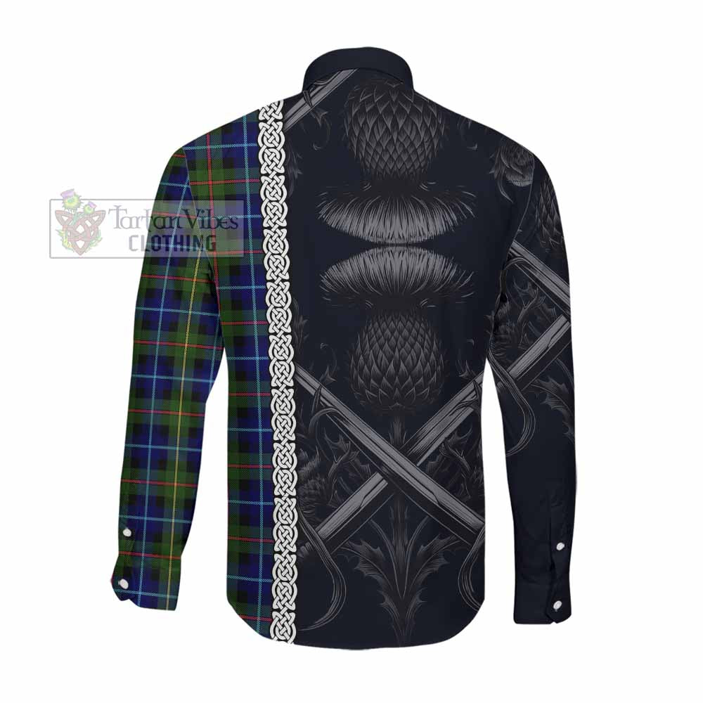 Tartan Vibes Clothing Smith Tartan Long Sleeve Button Shirt with Family Crest Cross Sword Thistle Celtic Vibes
