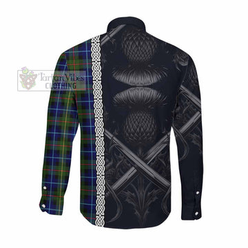 Tartan Vibes Clothing Smith Tartan Long Sleeve Button Shirt with Family Crest Cross Sword Thistle Celtic Vibes