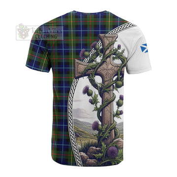 Smith Tartan Cotton T-shirt with Family Crest and St. Andrew's Cross Accented by Thistle Vines