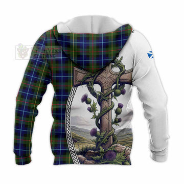 Smith Tartan Knitted Hoodie with Family Crest and St. Andrew's Cross Accented by Thistle Vines - Tartan Vibes Clothing