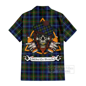 Smith Tartan Hawaiian Shirt with Family Crest and Bearded Skull Holding Bottles of Whiskey - Tartan Vibes Clothing