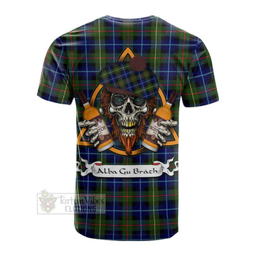 Smith Tartan Cotton T-shirt with Family Crest and Bearded Skull Holding Bottles of Whiskey