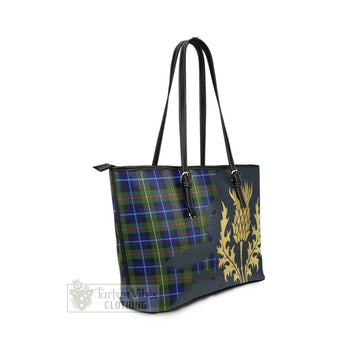 Tartan Vibes Clothing Smith Tartan Leather Tote Bag Gold Thistle Style