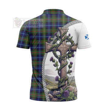 Smith Tartan Zipper Polo Shirt with Family Crest and St. Andrew's Cross Accented by Thistle Vines - Tartan Vibes Clothing