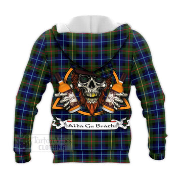 Smith Tartan Knitted Hoodie with Family Crest and Bearded Skull Holding Bottles of Whiskey - Tartan Vibes Clothing