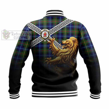 Tartan Vibes Clothing Smith Crest Tartan Baseball Jacket with Golden Lion Emblem Celtic Style