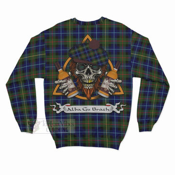 Smith Tartan Sweatshirt with Family Crest and Bearded Skull Holding Bottles of Whiskey - Tartan Vibes Clothing