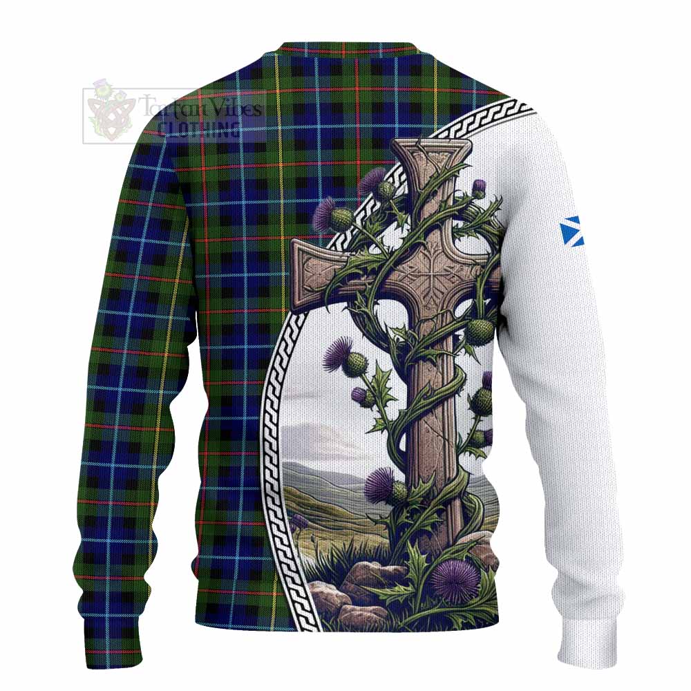 Smith Tartan Knitted Sweater with Family Crest and St. Andrew's Cross Accented by Thistle Vines - Tartan Vibes Clothing