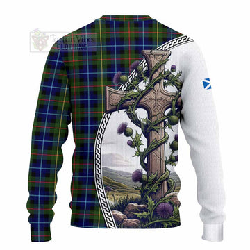 Smith Tartan Knitted Sweater with Family Crest and St. Andrew's Cross Accented by Thistle Vines - Tartan Vibes Clothing