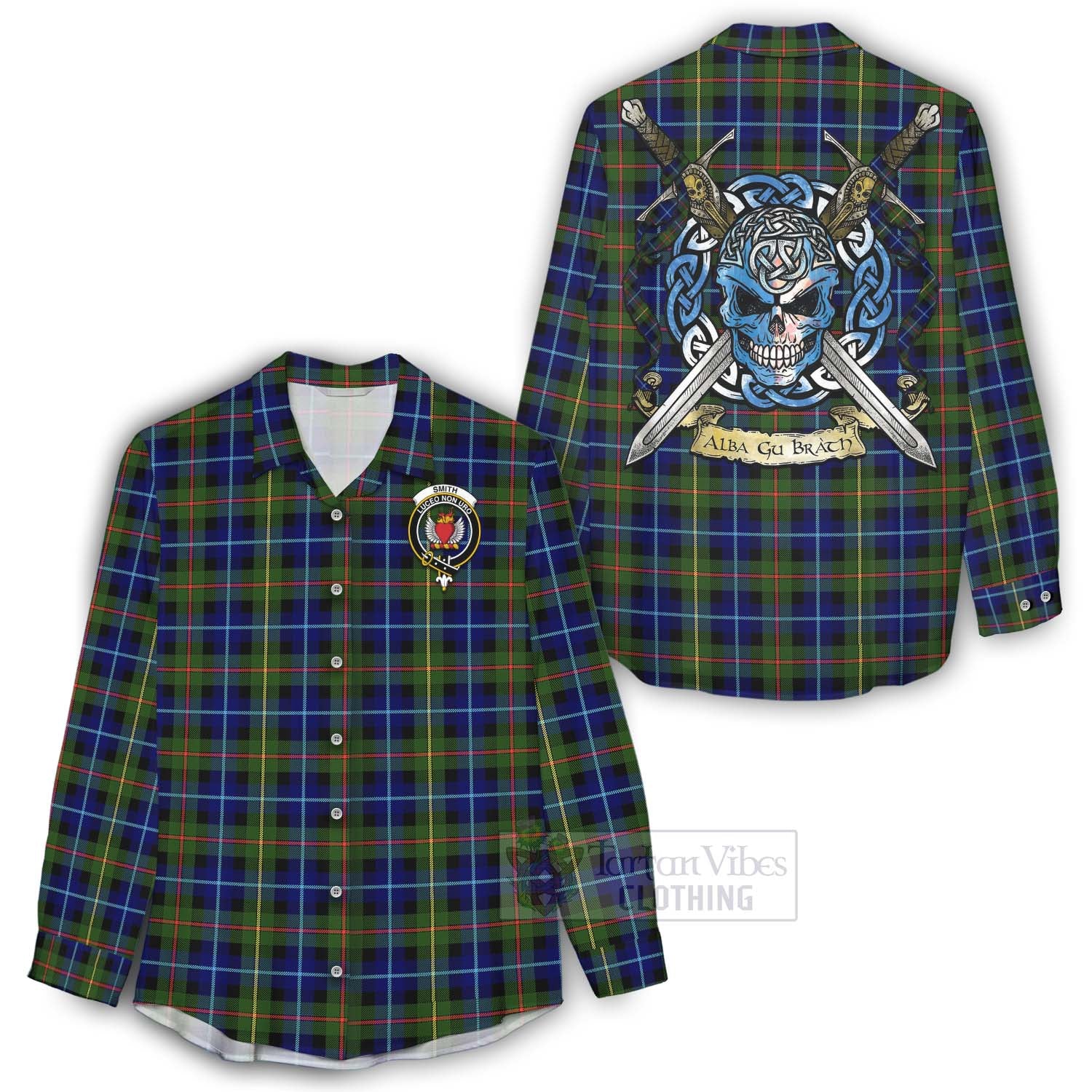 Smith Tartan Women's Casual Shirt with Family Crest Celtic Skull Style - Tartan Vibes Clothing