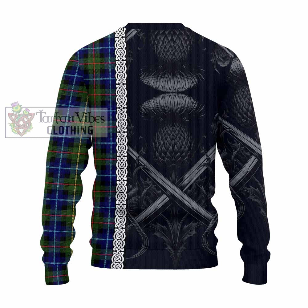 Smith Tartan Knitted Sweater with Family Crest Cross Sword Thistle Celtic Vibes - Tartan Vibes Clothing