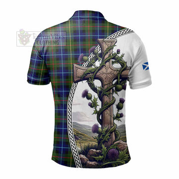 Smith Tartan Polo Shirt with Family Crest and St. Andrew's Cross Accented by Thistle Vines - Tartan Vibes Clothing