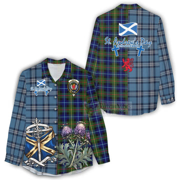 Smith Tartan Women's Casual Shirt Happy St. Andrew's Day Half Tartan Style - Tartan Vibes Clothing