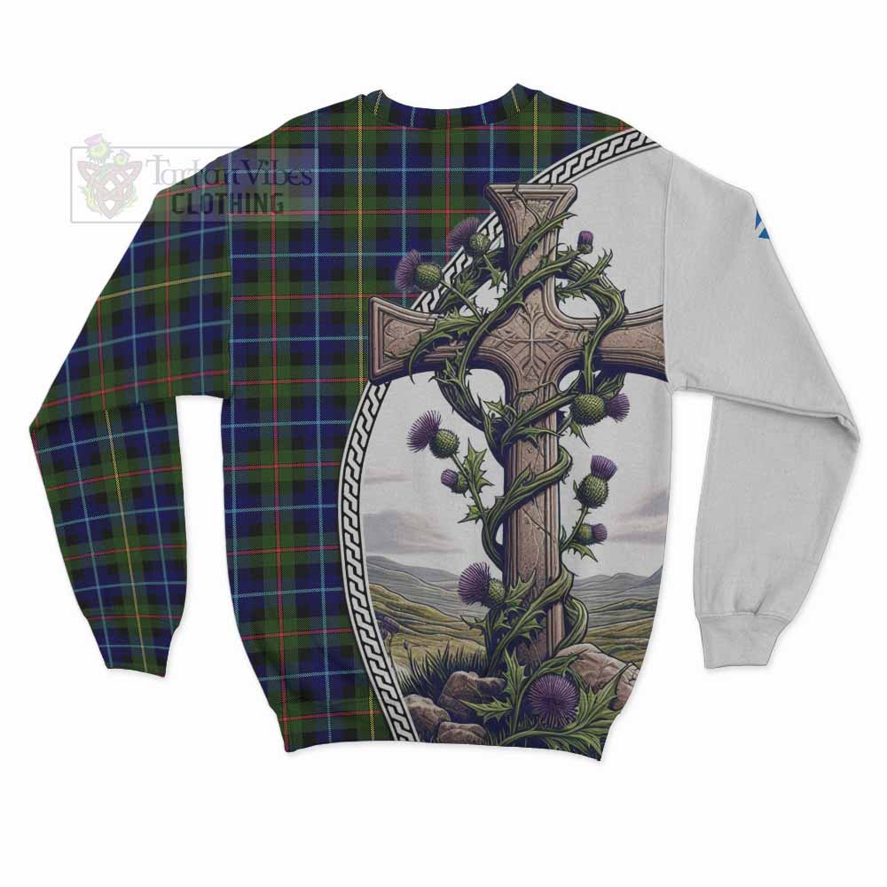 Smith Tartan Sweatshirt with Family Crest and St. Andrew's Cross Accented by Thistle Vines - Tartan Vibes Clothing