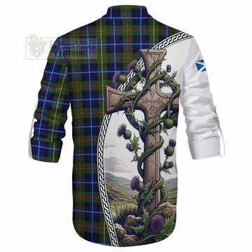 Smith Tartan Ghillie Kilt Shirt with Family Crest and St. Andrew's Cross Accented by Thistle Vines - Tartan Vibes Clothing