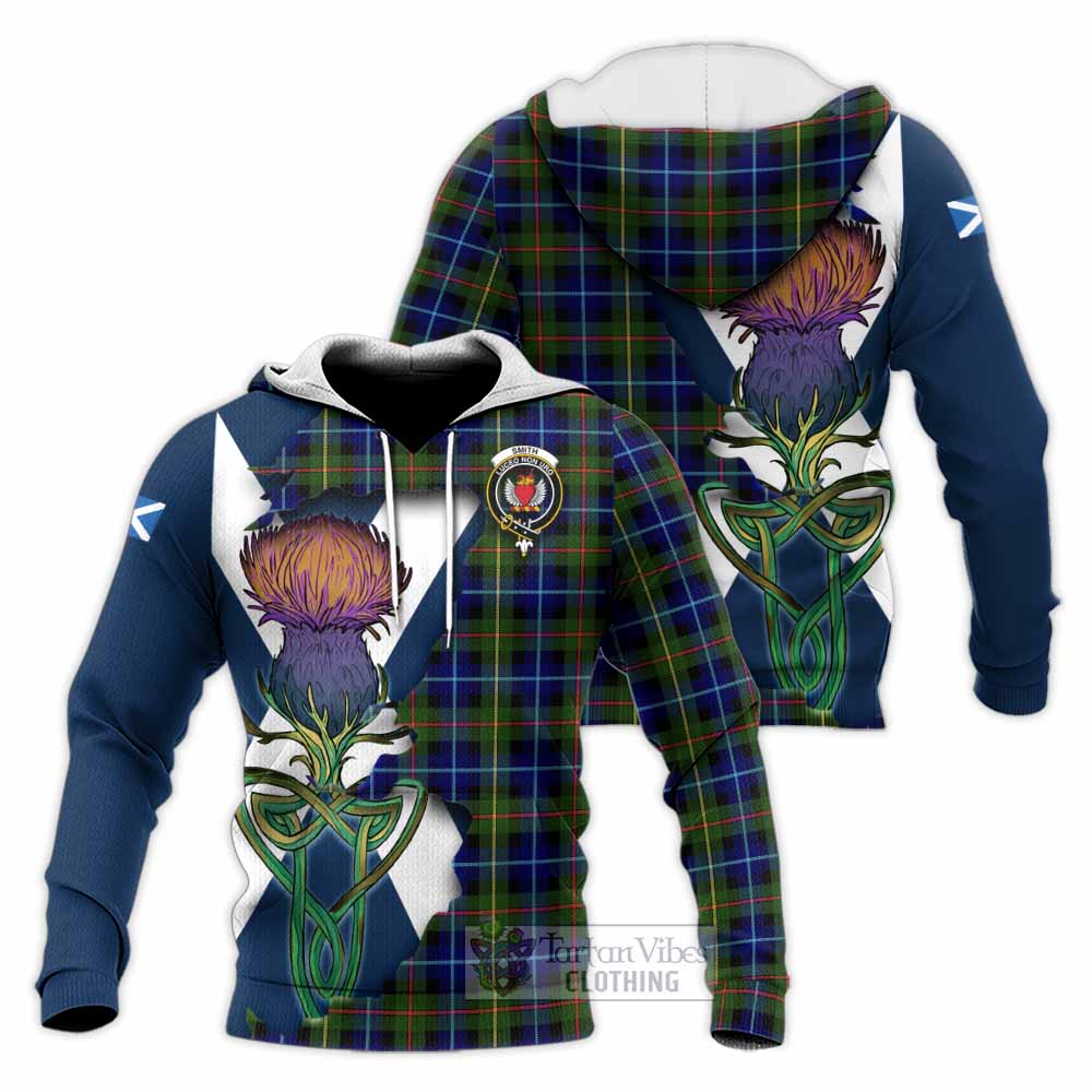 Tartan Vibes Clothing Smith Tartan Family Crest Knitted Hoodie Scottish Thistle Celtic Inspired