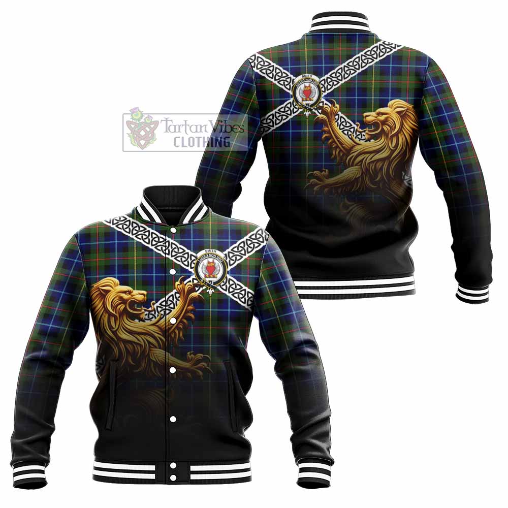 Smith Crest Tartan Baseball Jacket with Golden Lion Emblem Celtic Style - Tartan Vibes Clothing