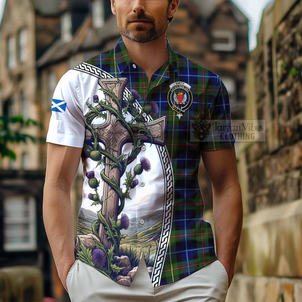 Smith Tartan Hawaiian Shirt with Family Crest and St. Andrew's Cross Accented by Thistle Vines - Tartan Vibes Clothing