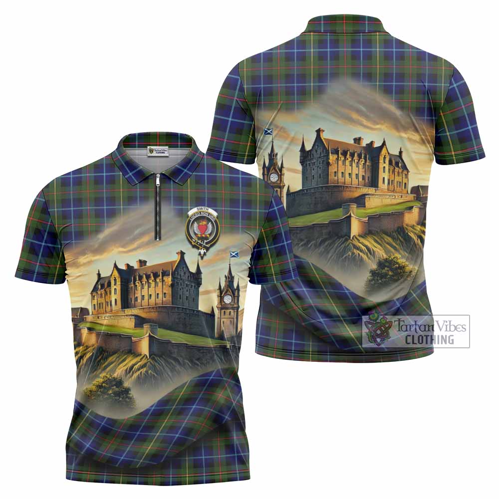 Smith Tartan Family Crest Zipper Polo Shirt with Scottish Ancient Castle Style - Tartan Vibes Clothing