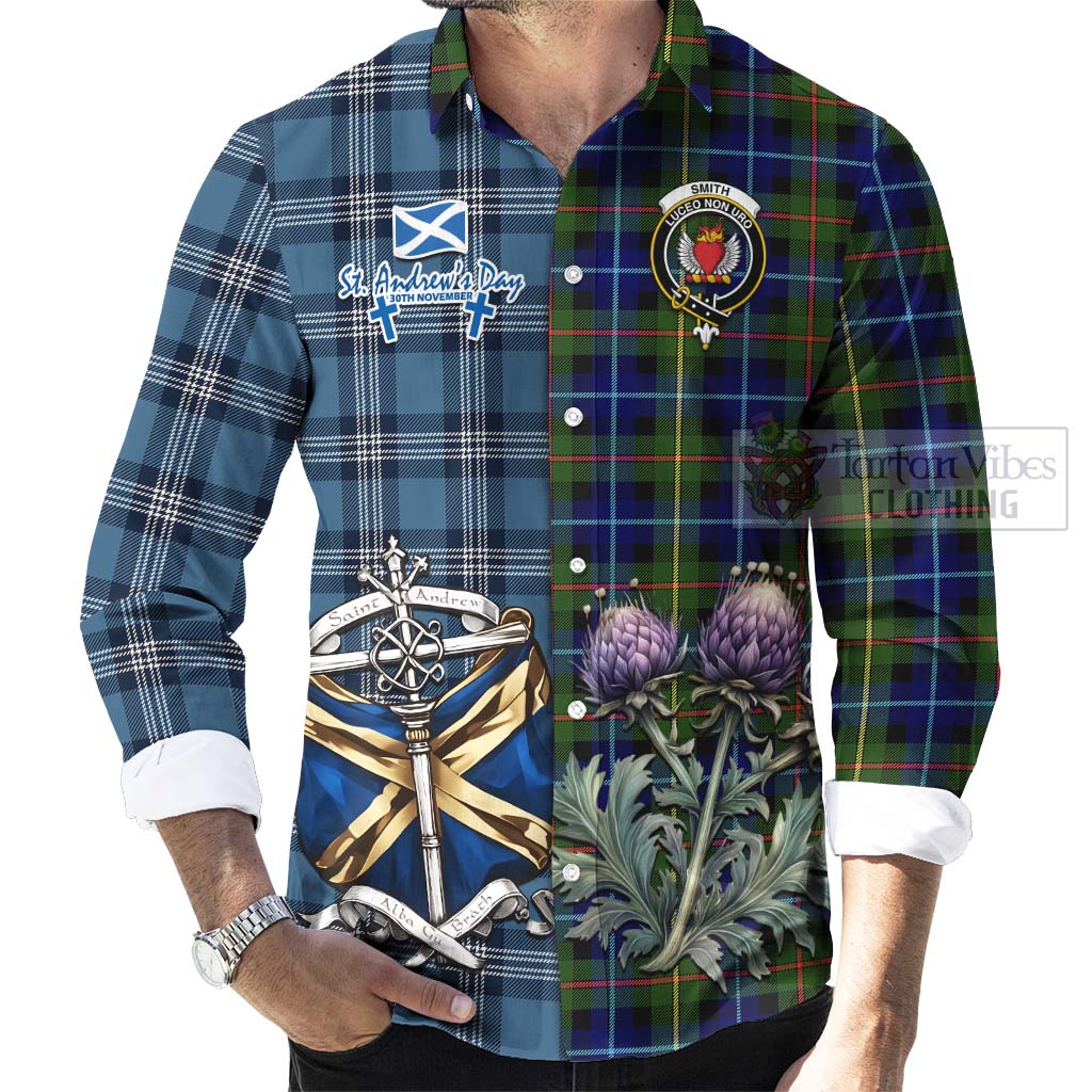 Smith Tartan Long Sleeve Button Shirt Happy St. Andrew's Day Half Tartan Style - Tartan Vibes Clothing