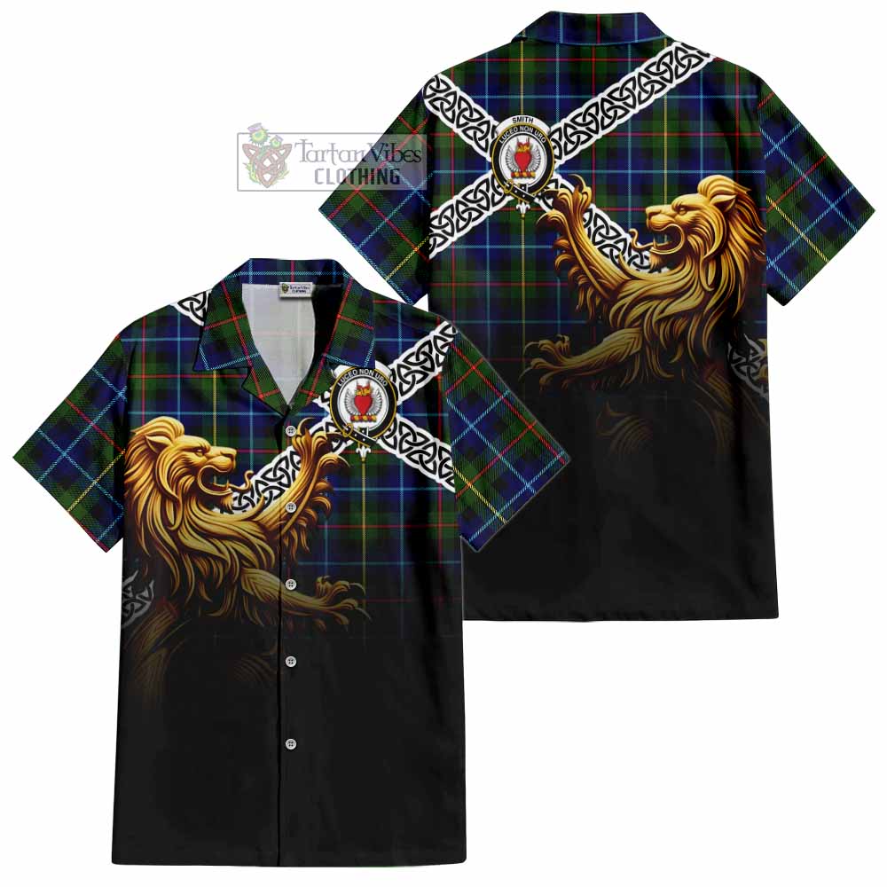 Smith Crest Tartan Hawaiian Shirt with Golden Lion Emblem Celtic Style - Tartan Vibes Clothing