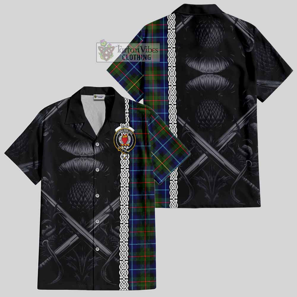 Smith Tartan Hawaiian Shirt with Family Crest Cross Sword Thistle Celtic Vibes - Tartan Vibes Clothing
