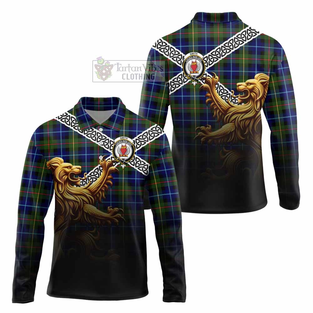 Smith Crest Tartan Long Sleeve Polo Shirt with Golden Lion Emblem Celtic Style - Tartan Vibes Clothing