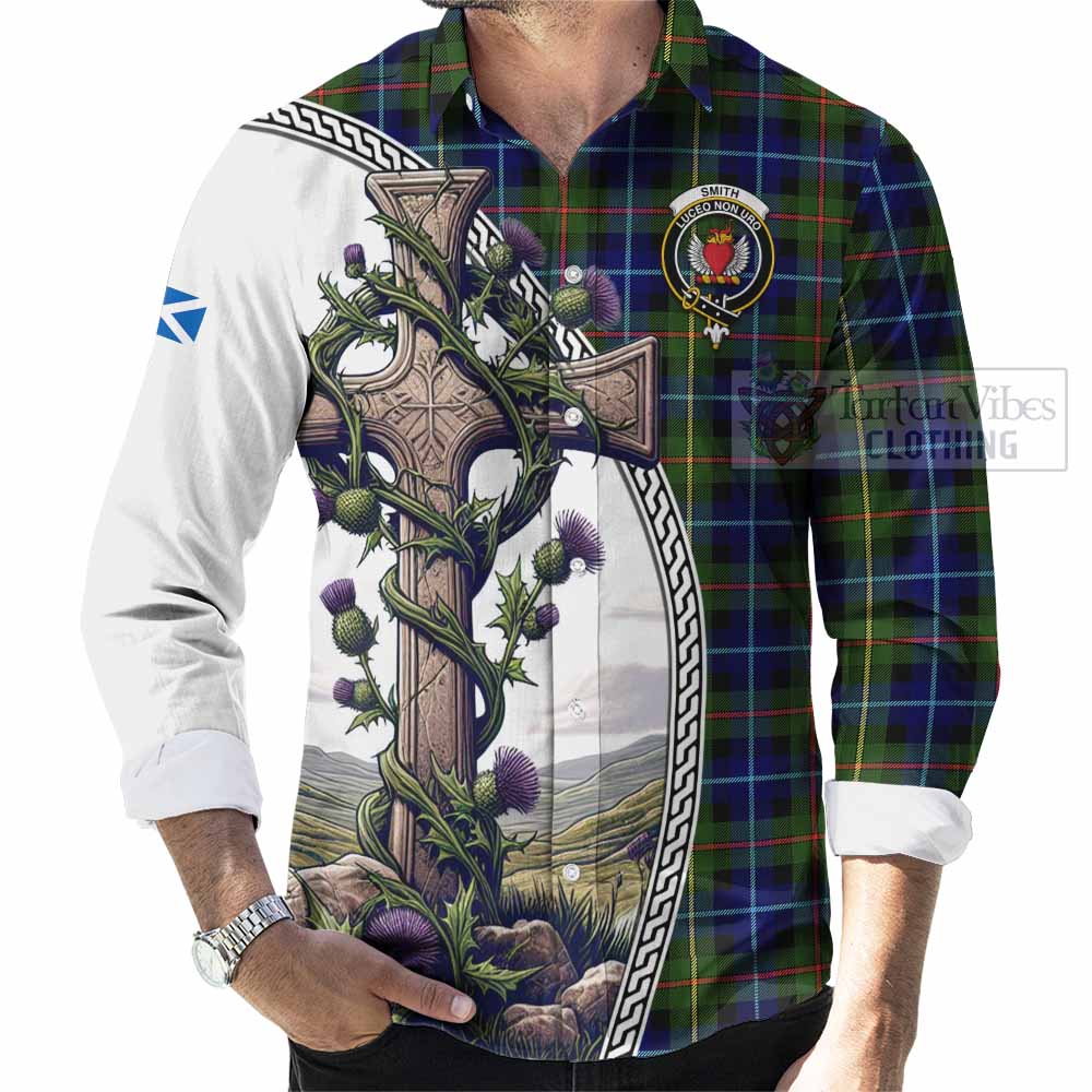 Smith Tartan Long Sleeve Button Shirt with Family Crest and St. Andrew's Cross Accented by Thistle Vines - Tartan Vibes Clothing