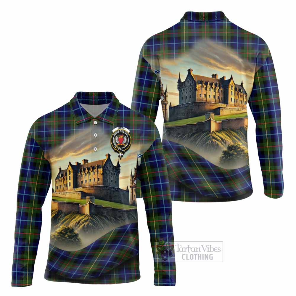 Smith Tartan Family Crest Long Sleeve Polo Shirt with Scottish Ancient Castle Style - Tartan Vibes Clothing
