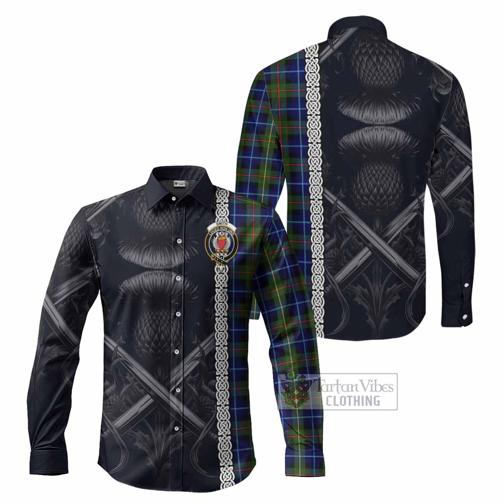 Tartan Vibes Clothing Smith Tartan Long Sleeve Button Shirt with Family Crest Cross Sword Thistle Celtic Vibes