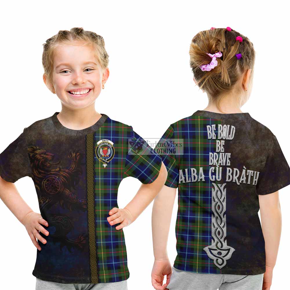 Smith Tartan Family Crest Kid T-Shirt Alba Gu Brath Be Brave Lion Ancient Style - Tartan Vibes Clothing