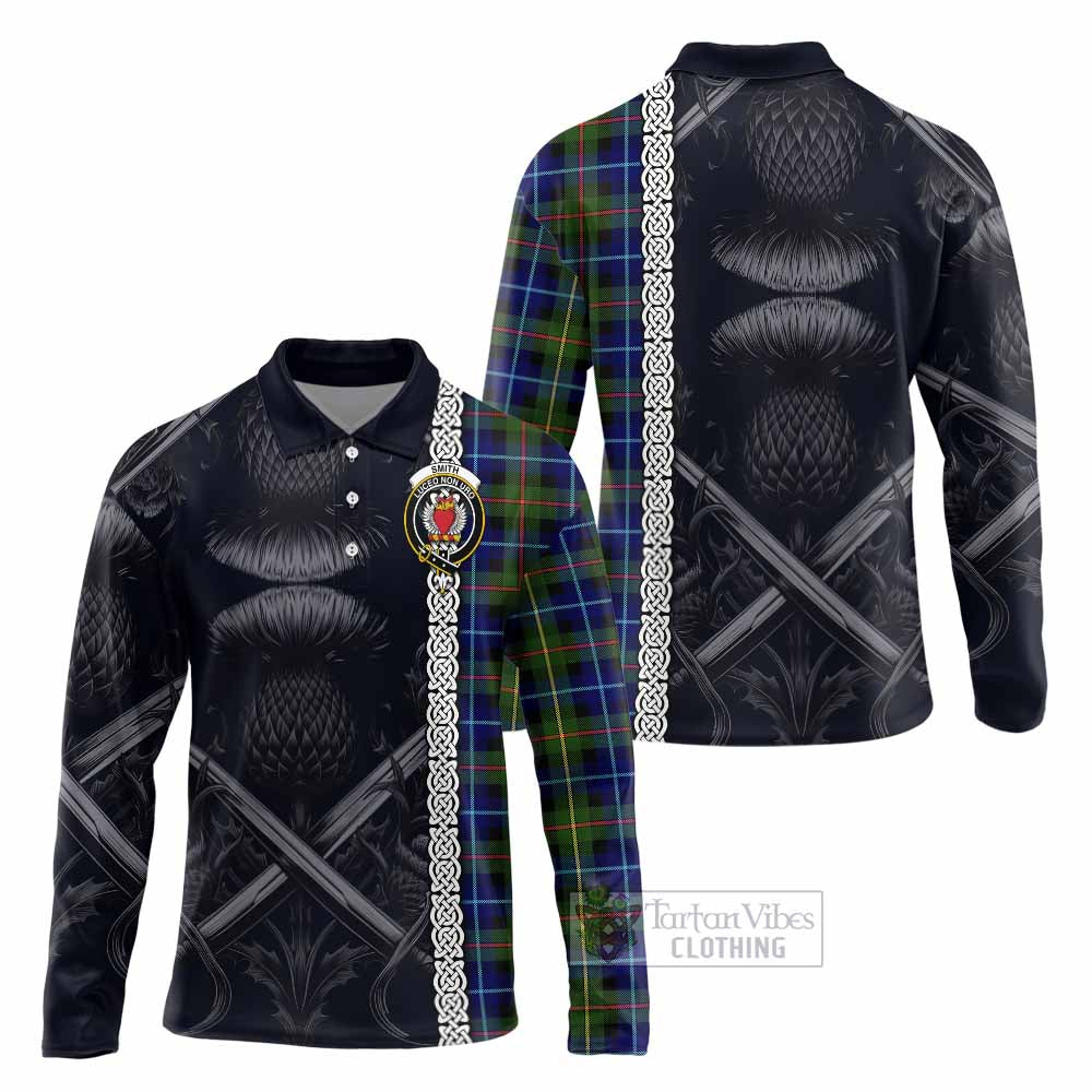 Smith Tartan Long Sleeve Polo Shirt with Family Crest Cross Sword Thistle Celtic Vibes - Tartan Vibes Clothing