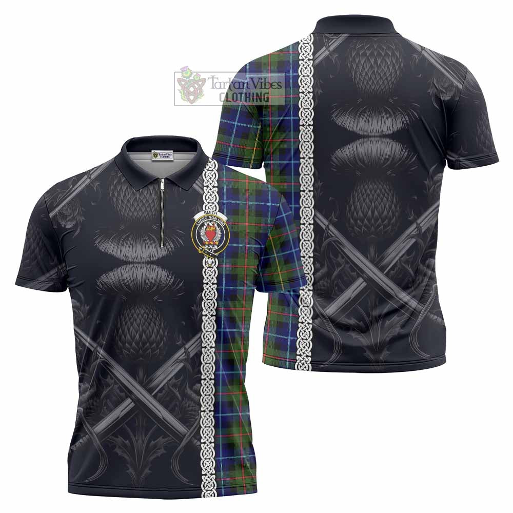 Smith Tartan Zipper Polo Shirt with Family Crest Cross Sword Thistle Celtic Vibes - Tartan Vibes Clothing