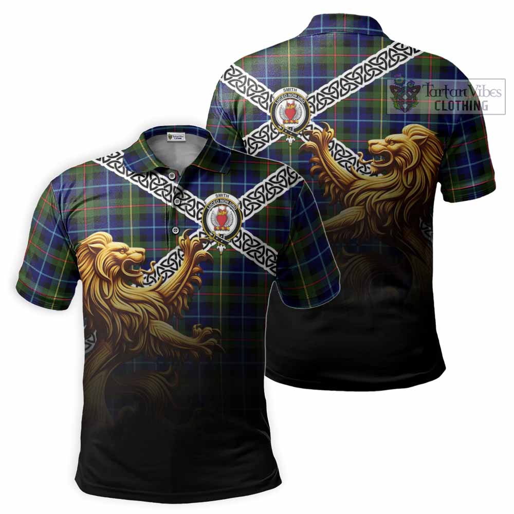 Smith Crest Tartan Polo Shirt with Golden Lion Emblem Celtic Style - Tartan Vibes Clothing