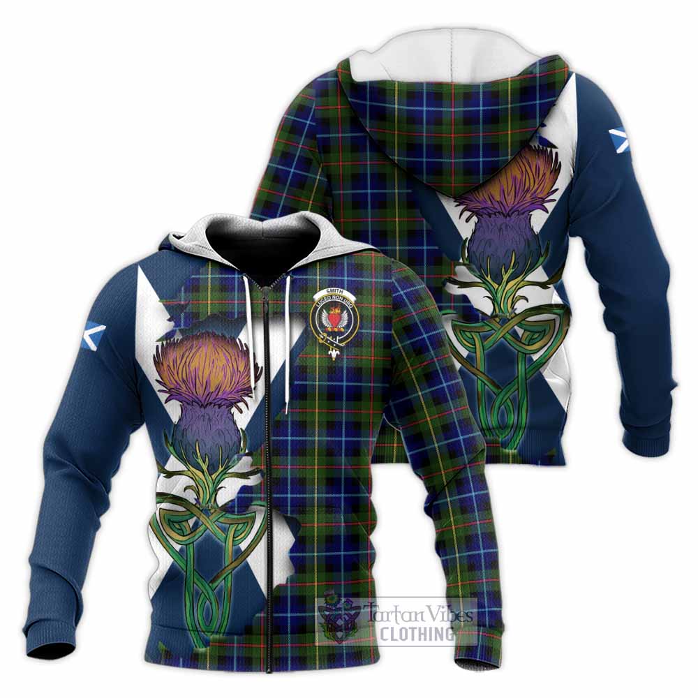 Tartan Vibes Clothing Smith Tartan Family Crest Knitted Hoodie Scottish Thistle Celtic Inspired