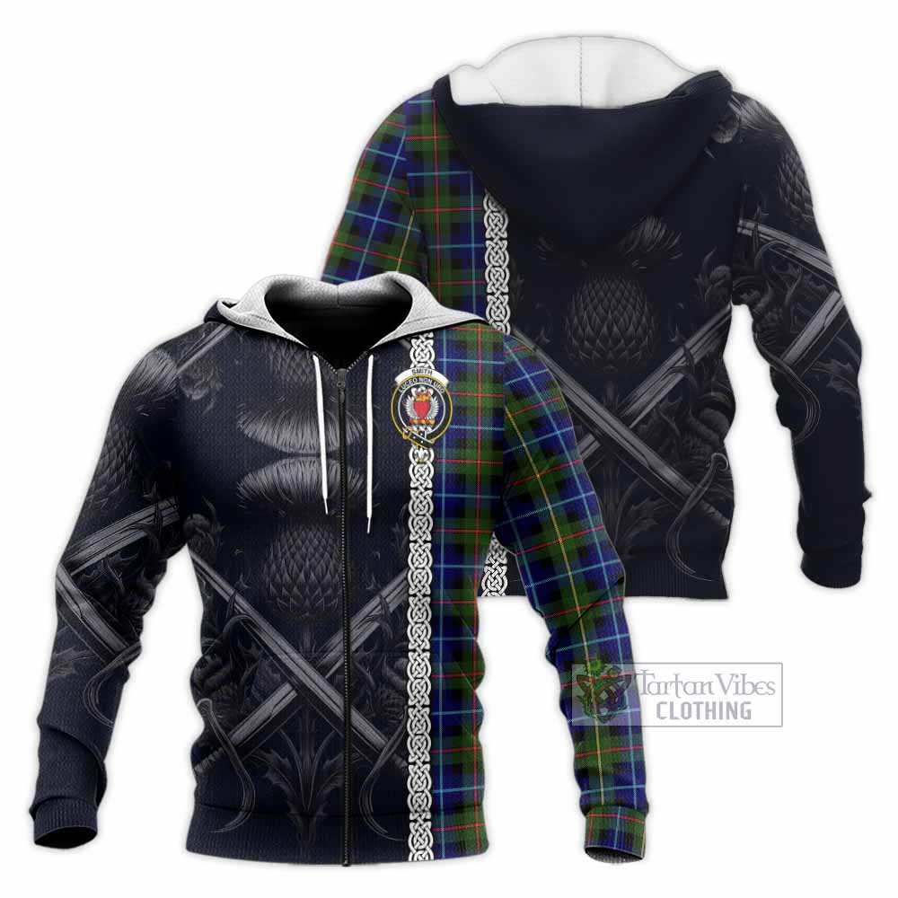 Smith Tartan Knitted Hoodie with Family Crest Cross Sword Thistle Celtic Vibes Unisex Knitted Zip Hoodie - Tartan Vibes Clothing