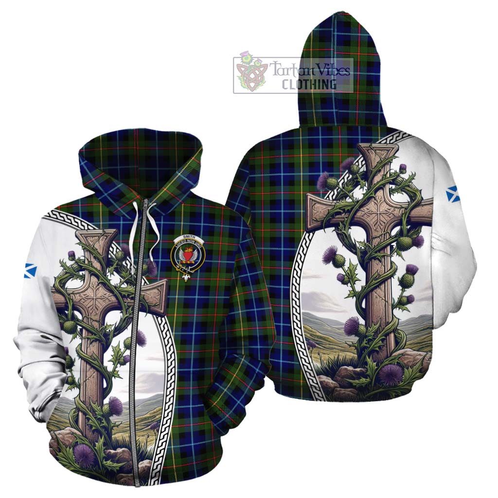 Tartan Vibes Clothing Smith Tartan Cotton Hoodie with Family Crest and St. Andrew's Cross Accented by Thistle Vines