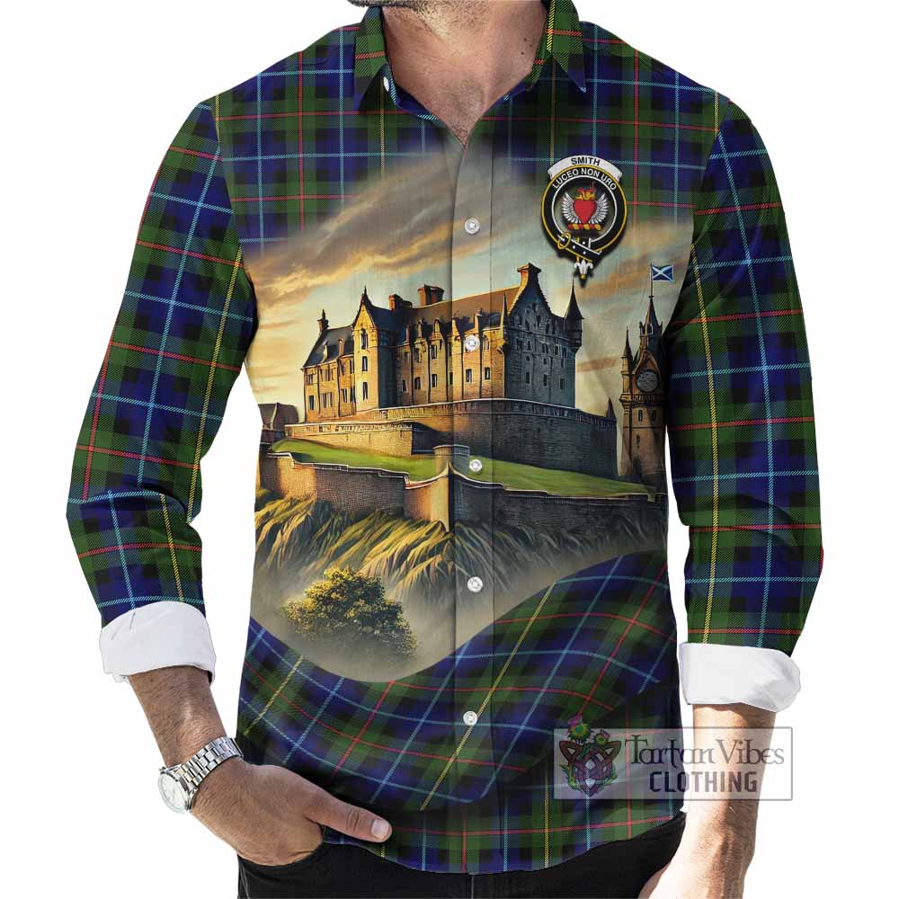 Tartan Vibes Clothing Smith Tartan Family Crest Long Sleeve Button Shirt with Scottish Ancient Castle Style