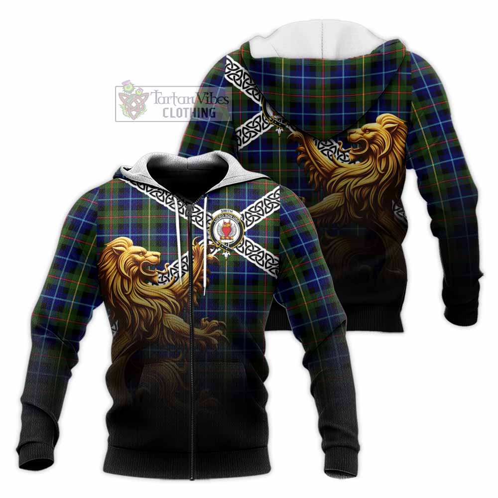 Smith Crest Tartan Knitted Hoodie with Golden Lion Emblem Celtic Style Unisex Knitted Zip Hoodie - Tartan Vibes Clothing