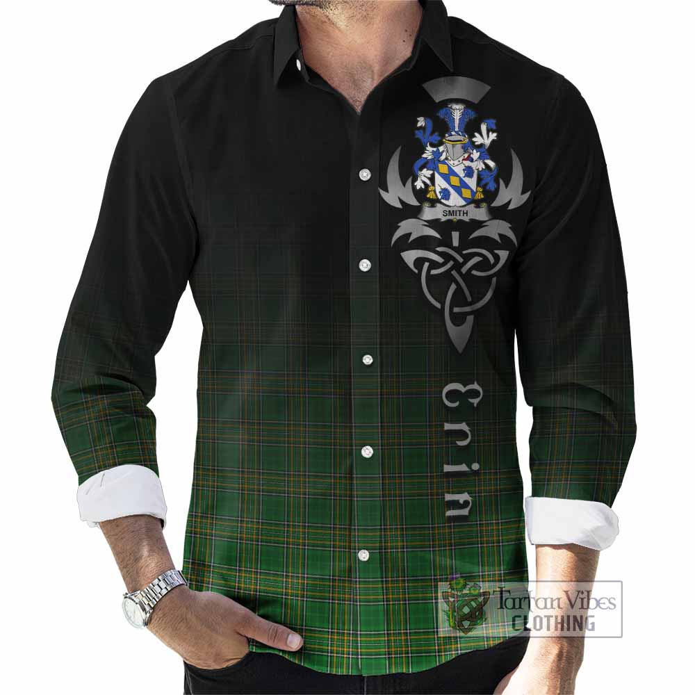 Tartan Vibes Clothing Smith Irish Clan Long Sleeve Button Shirt with Coat of Arms Erin Go Bragh Celtic Inspired