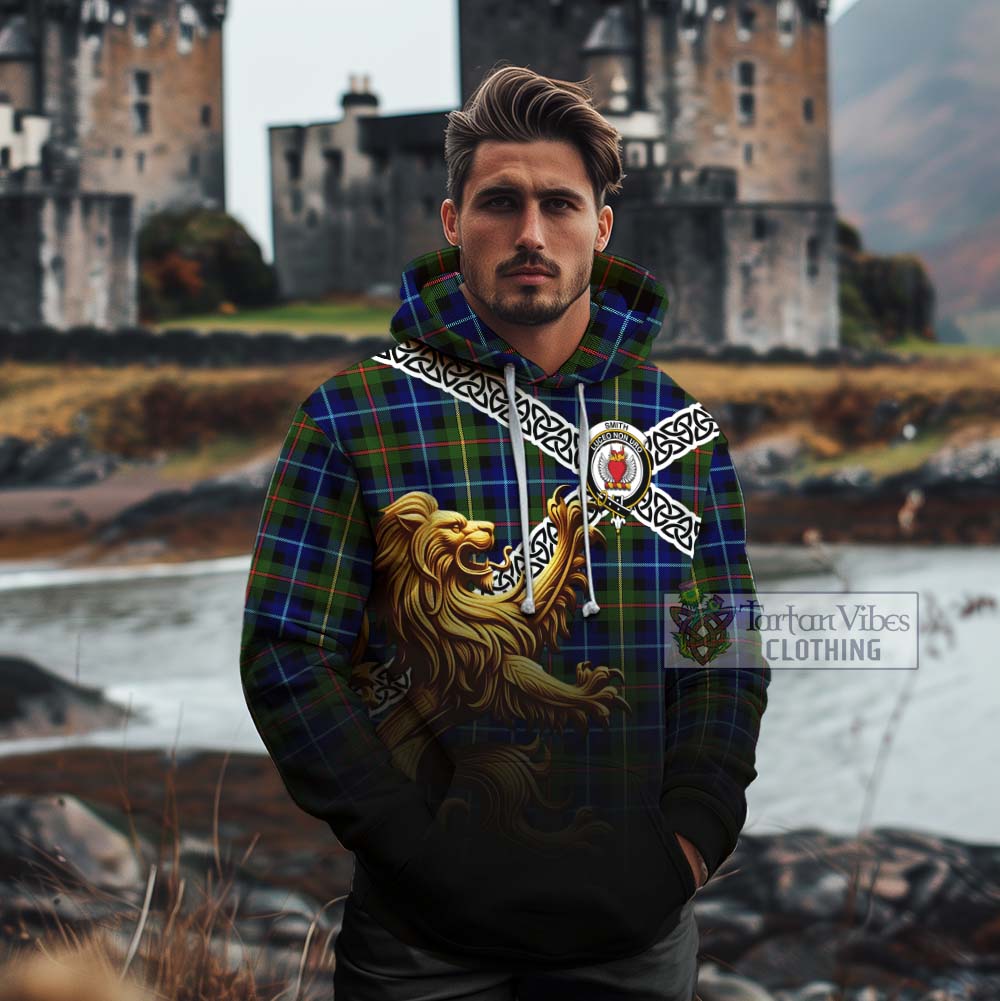 Smith Crest Tartan Cotton Hoodie with Golden Lion Emblem Celtic Style - Tartan Vibes Clothing