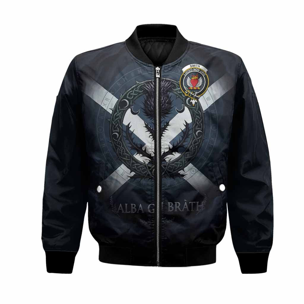 Smith Clan Crest Bomber Jacket with Celtic Knot Thistle and Saltire Unisex Black - Tartan Vibes Clothing