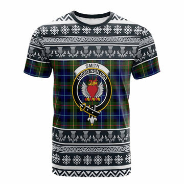 Smith Clan Tartan Christmas Cotton T-shirt with Family Crest