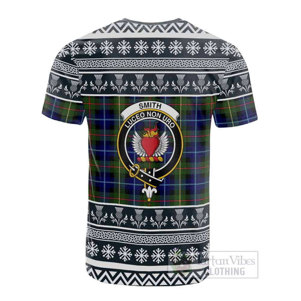 Smith Clan Tartan Christmas Cotton T-shirt with Family Crest - Tartan Vibes Clothing