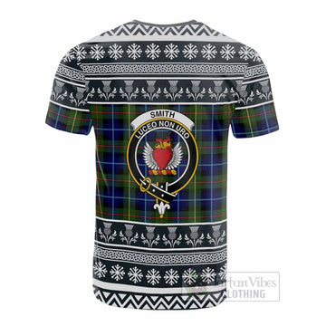 Smith Clan Tartan Christmas Cotton T-shirt with Family Crest